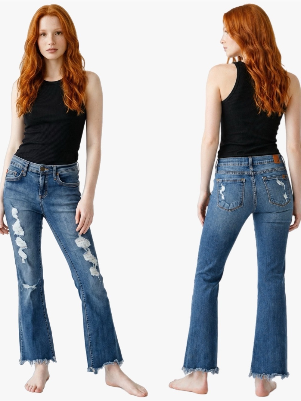 Angry Rabbit Distresses Raw Hem Flare Jeans Women’s Size 25 Dark Wash Stretch